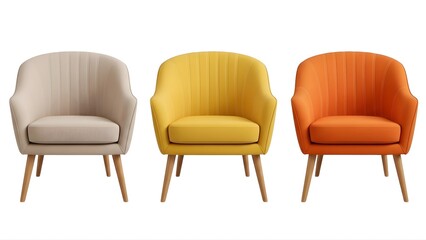 Obraz premium Three colorful chairs with wooden legs on a transparent background