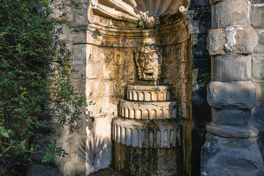 Mascaron is a wall fountain, which is a sculptural image of a character, a mythical creature. Water flows from the mouth of the sculpture.