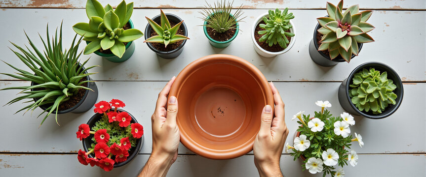 Hands holding empty terracotta pot surrounded by various plants for Flower garden planting  