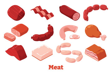Isometric meat food icons set depicting various cuts, processed meats, and sausages arranged neatly on a clean white background