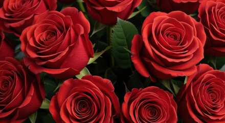 Obraz premium Macro Shot of Fresh Deep Red Roses Background Representing Passion and Love