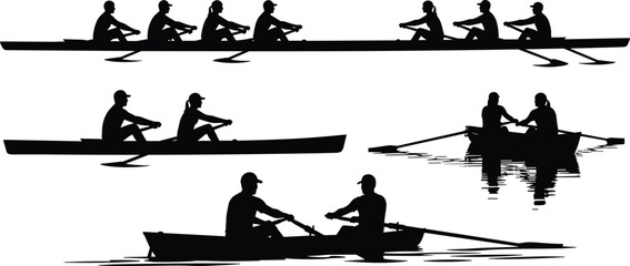 Black silhouettes of people rowing boats on water © Arafat