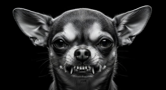 Snarling chihuahua close-up with bared teeth on black background