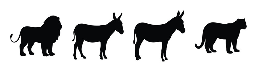 Fototapeta premium A set of animal silhouettes including a lion, donkey, and cat in a minimalist vector graphic design silhouette