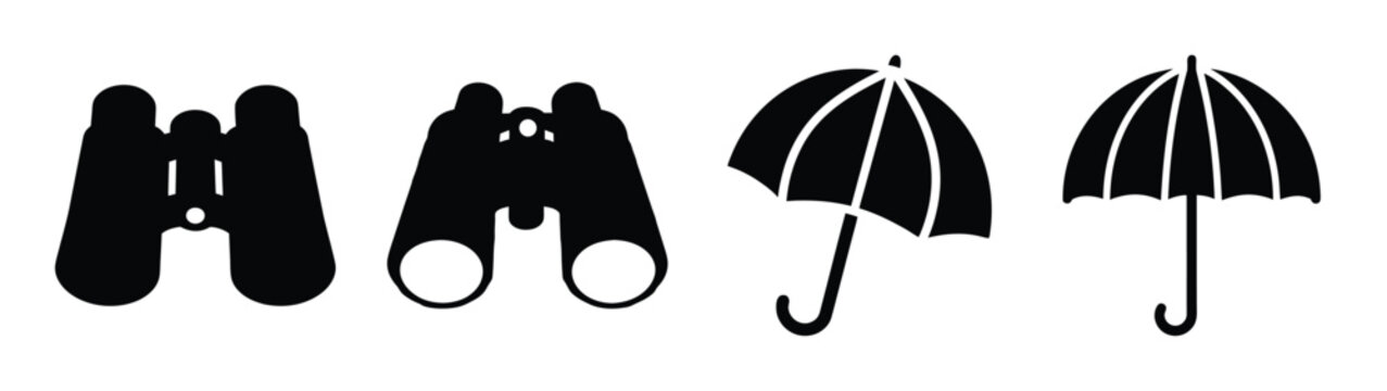 A set of minimalist travel icons in silhouette mode featuring binoculars and an umbrella