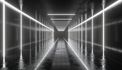 3d render of minimalist sci-fi hallway with vertical and horizontal strip lights