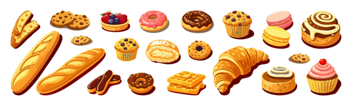 Vector set of bakery and pastry illustrations isolated on white. Bread, croissant, cookies, cupcakes and desserts in colorful flat style, perfect for bakery branding, menus, packaging and food design.