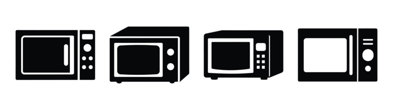 A set of modern microwave oven icons in a flat, minimalist design style silhouette