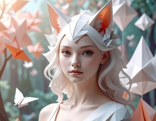 Fox-woman drifting among floating origami forests, dreamlike patterns