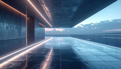 Futuristic deck platform with edge-lit strip lights, reflective flooring