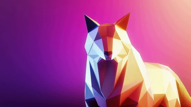 Low poly wolf sculpture rotates into centered close up on magenta purple gradient background