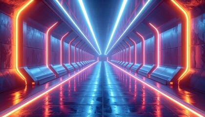 Futuristic walkway with glowing strip light lines, symmetrical design