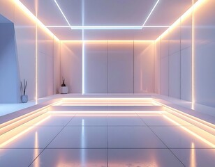 Futuristic room with soft ambient strip lighting, clean geometric walls