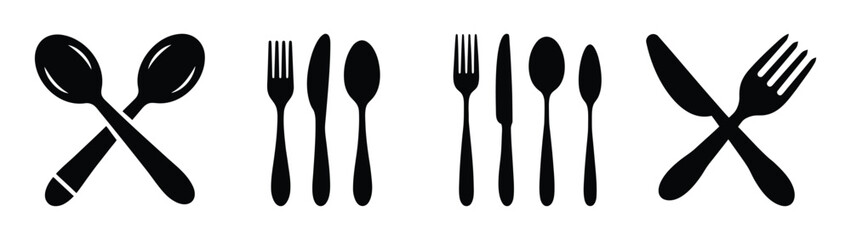 A set of kitchen utensil silhouettes including forks, knives, and spoons on a transparent background silhouette