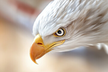 Dynamic close up of eagle showcasing its sharp features and intense gaze, evoking sense of majesty and power