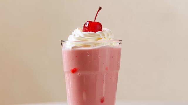 Delicious strawberry milkshake with whipped cream and cherry in glass