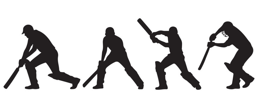 Silhouette of cricket players batting on white background