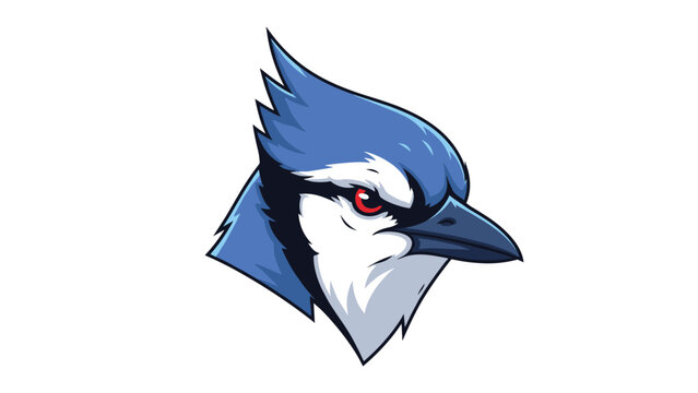 Aggressive blue jay bird head illustration with a fierce expression and sharp beak used for sports mascot designs.