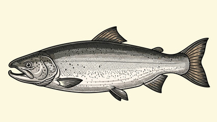 Obraz premium Detailed vintage style engraved illustration of a salmon fish on a cream background for culinary menus and biological study.