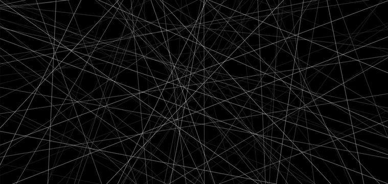 Abstract modern backdrop with asymmetric geometry with chaotic straight white lines create lattice mesh on black background. Random linear chaos design
