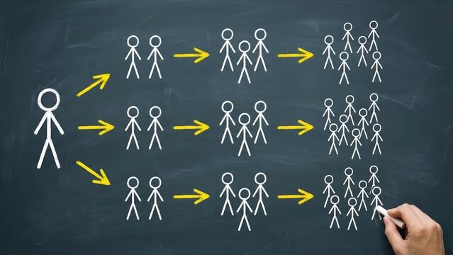 A hand draws a viral marketing strategy on a chalkboard to visualize rapid network expansion.