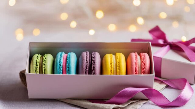 Assorted colorful macarons arranged in a pink box with purple ribbon, set against warm bokeh lights. Elegant dessert and gift idea for celebrations, holidays or special occasions.