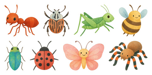 PNG Colorful cartoon insect illustrations element set on transparent background