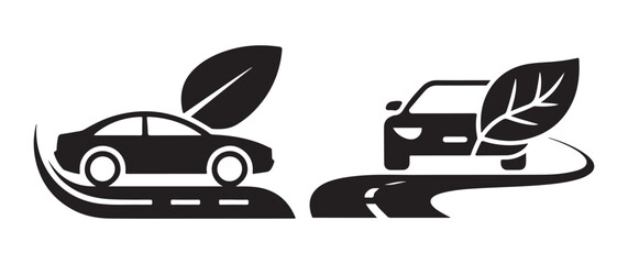 Two car silhouettes with leaves on roads, eco-friendly transportation