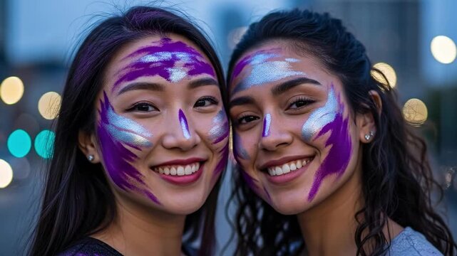 Portrait of two beautiful young diverse women, one East Asian and one South Asian, with artistic purple and silver face paint smiling outdoors in the city at dusk with bokeh lights.