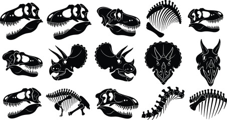 Collection of dinosaur skull and skeleton silhouettes including triceratops and tyrannosaurus rex fossils, cad drawing flat vector illustration, prehistoric set © MDMOHOBBAT