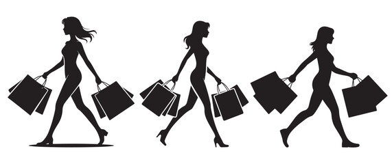 Silhouettes of women walking with shopping bags, dynamic poses