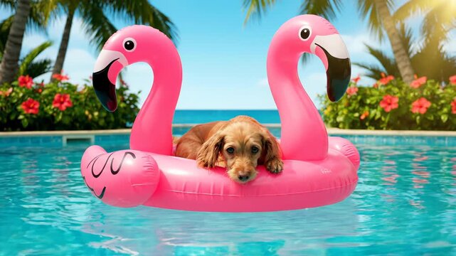A fluffy, brown dog relaxes on a pink inflatable flamingo in a swimming pool on a sunny day. Palm trees, blue skies, and tropical flowers