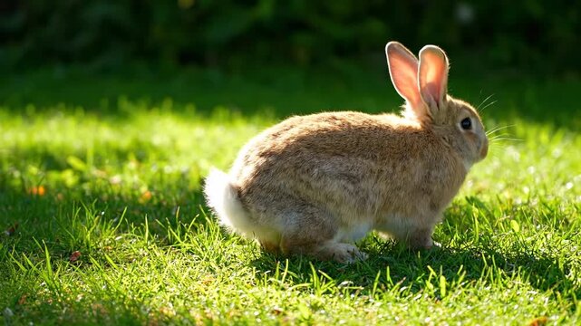 A fluffy brown rabbit hops across a sunny green meadow