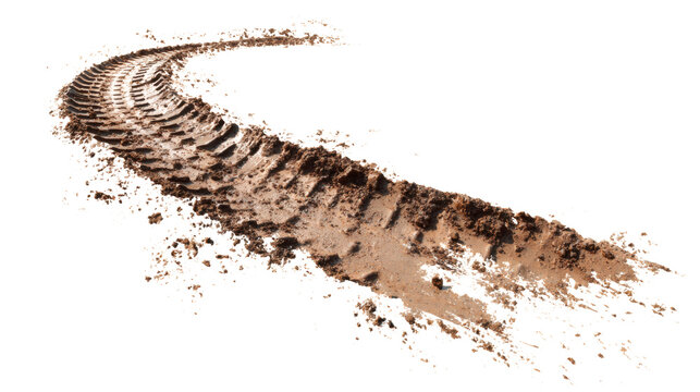 Tire track marks with mud and dirt texture on a white background. Isolated on a white background. 