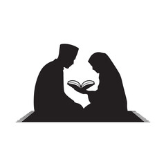 Muslim couple silhouette reading the Quran together on a prayer mat, showing devotion