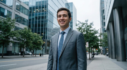 Fototapeta premium A proud corporate professional man wearing a grey suit stands smiling in a modern corporate district.