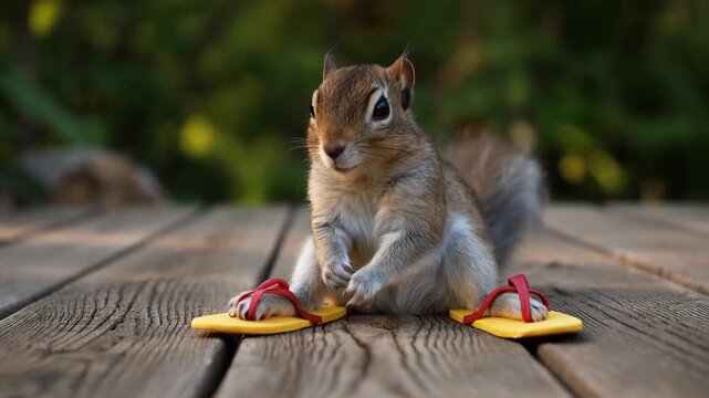 Curious chipmunk explores wooden deck with bright flipflops in summer garden