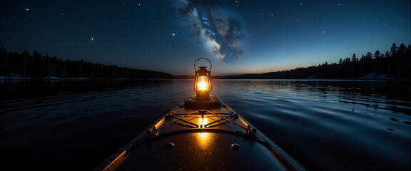 Kayak with lantern reflecting in water during night river kayaking adventure  