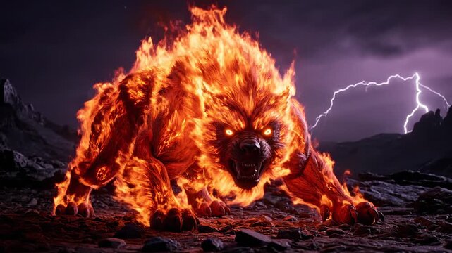 A fiery beast of a dog-like creature roams a desolate, rocky terrain under a stormy sky