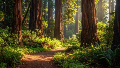 Lush forest scene featuring towering trees and a winding pathway bathed in sunlight, evoking a tranquil nature experience