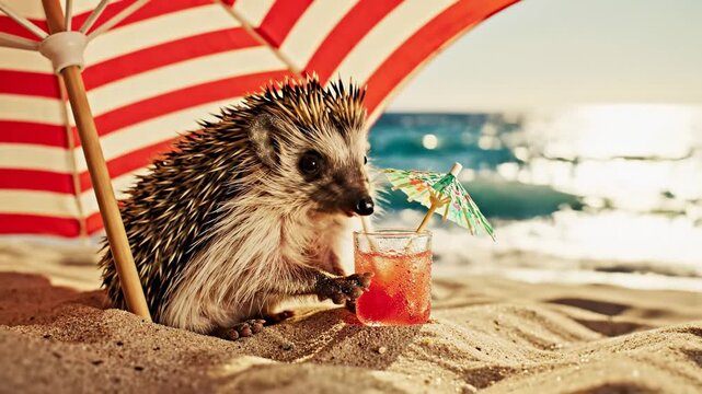 Hedgehog enjoys relaxing beach day with refreshing drink under umbrella