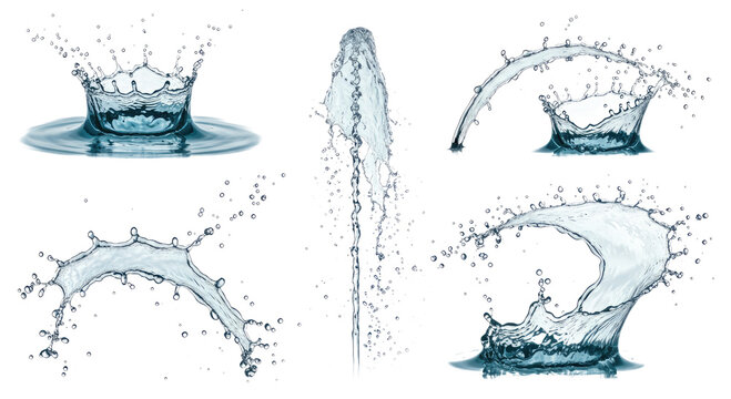 Multiple high-speed water splashes and droplets captured on transparent background, showing crowns, arcs, fountains and flowing liquid shapes