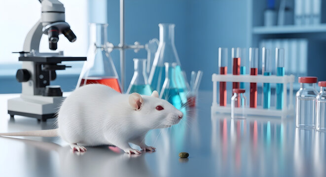A lab rat sits amidst scientific equipment like a microscope, vials, and beakers