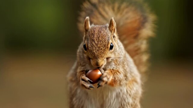 A furry squirrel holds a nut in its paws, looking towards the viewer