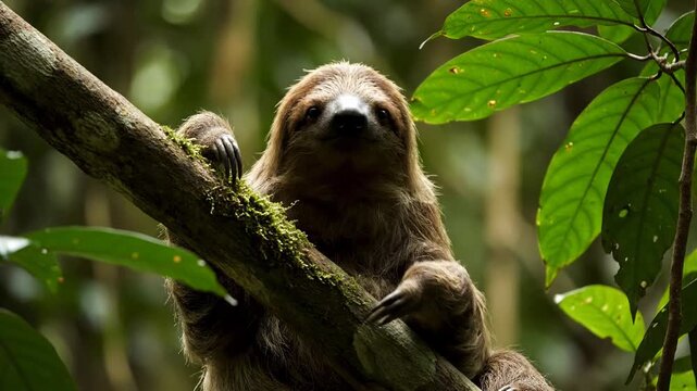 A furry sloth perched on a tree branch, surrounded by green leaves. It gazes at the viewer