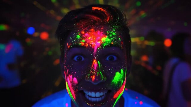 Excited young Caucasian man with neon glow in the dark paint on face at a night party or festival, vibrant fluorescent colors under UV blacklight