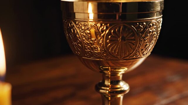 Ornate golden goblet with flickering candlelight in elegant still life setting