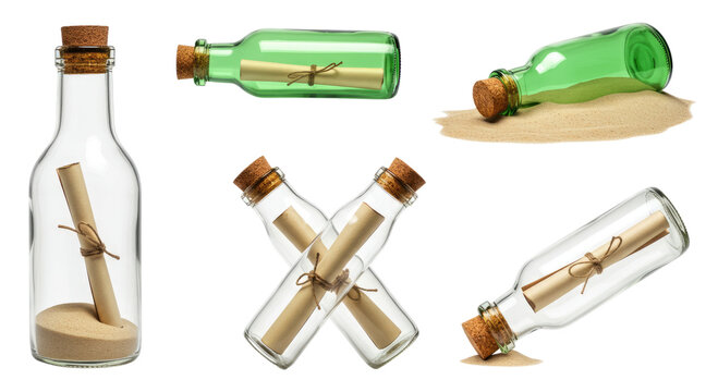 Glass bottles with corks holding rolled message scrolls, some resting on sand and some green or clear, shown upright, tilted, lying and crossed against a transparent background