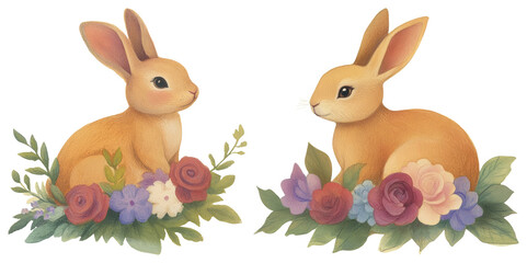 Obraz premium PNG Cute rabbits with floral arrangement element set on transparent background