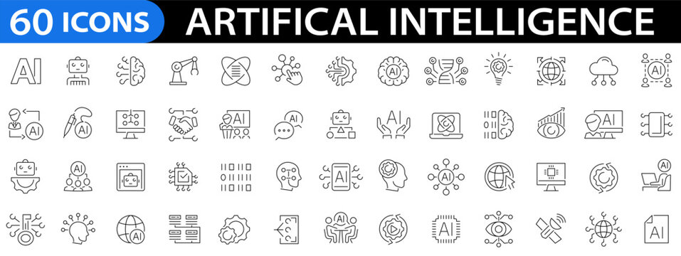 Artificial Intelligence 60 icon set. Machine learning. AI technology. AI, virtual assistant, generative AI and more. Editable stroke. Vector illustration